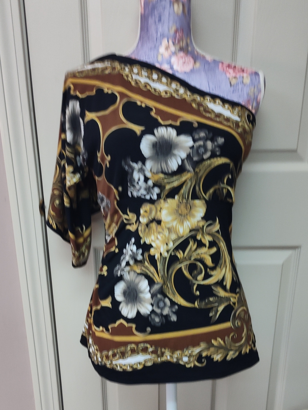 Cache One-Shoulder Black, Gold & Brown Floral Baroque Top
